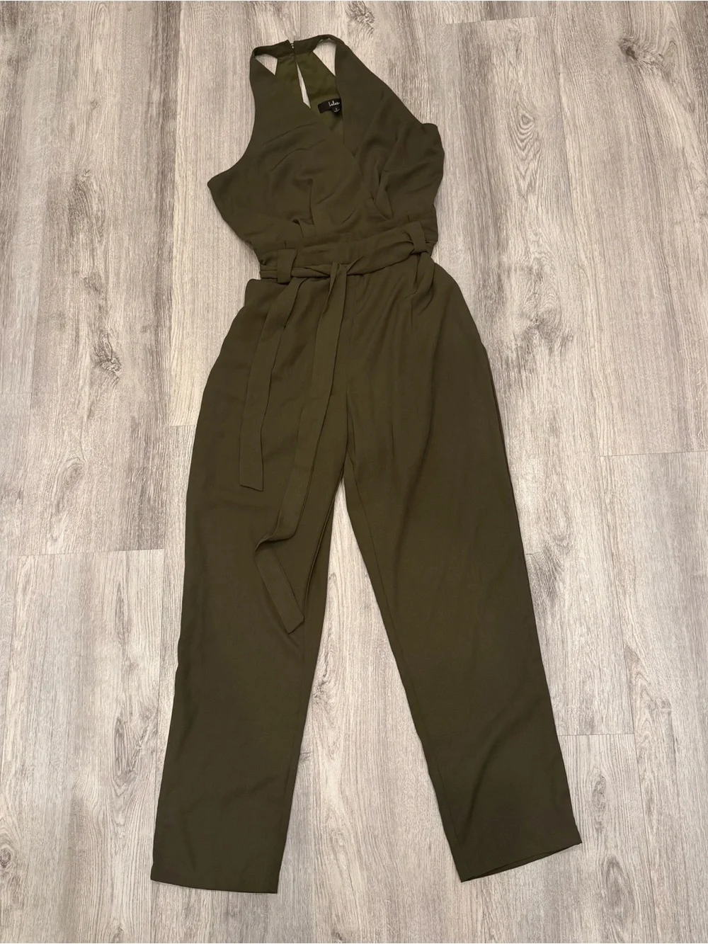 Lulus Olive Green Halter Jumpsuit Size Small Tie Waist Wide‎ Leg Pockets